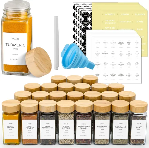 NETANY 36 tarros de vidrio para especias con tapas de bambú, tarros de vidrio de 4 onzas con etiquetas de especias minimalistas de granja, embudo
