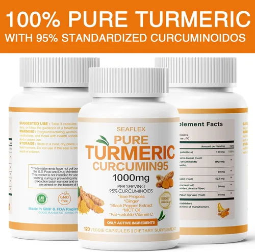 Miniatura 3 de Curcumina de cúrcuma 95 1000 mg, 95% complejo de curcuminoides con propóleo de abeja y bioperina, 120 cápsulas, suplemento de apoyo