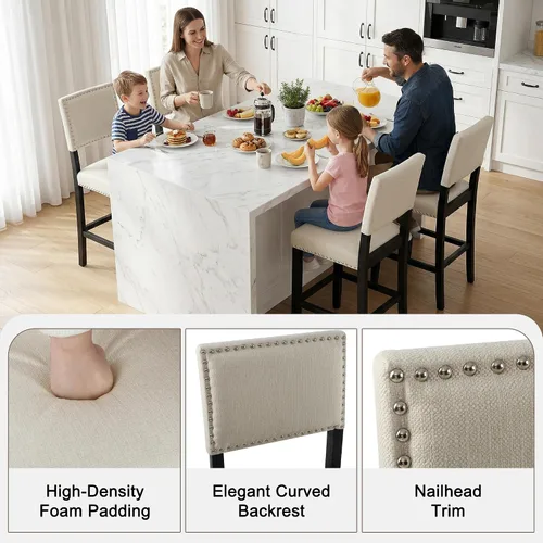 Miniatura 5 de LSSBOUGHT Taburete de bar tapizado de tela de lino con patas de madera de goma, silla de bar con ribete clavado para isla de cocina