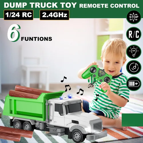 Miniatura 5 de Camión volquete de construcción con control remoto, vehículo RC de 6 canales, juguetes de camión con 6 piezas de madera, 2 baterías recargables
