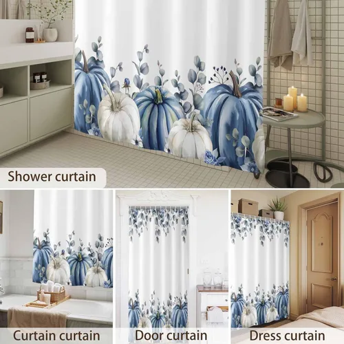 Miniatura 8 de Cortina de ducha de calabaza azul para baño, calabazas blancas, hojas verdes, cortinas de baño con ganchos, tela de poliéster impermeable, cortinas