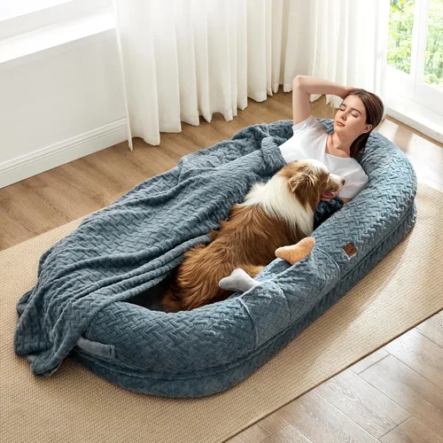 Cama para perros para adultos de tamaño humano – Cama de lujo de piel sintética para perros tamaño gigante con asa portátil, cama ortopédica de Gris