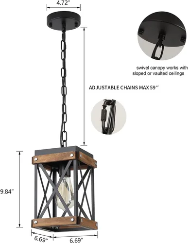 Miniatura 4 de Paquete de 2 lámparas colgantes de madera rústica de granja con cadena ajustable de una sola luz de madera de roble y metal, iluminación colgante