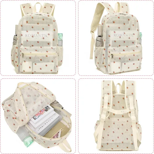 Miniatura 6 de CAMTOP Mochila de malla para niños y niñas, mochila transparente para preescolar, mochila casual para escuela, playa, viajes, deportes (fresa beige)