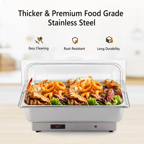 Miniatura 5 de ROVSUN Juego de bufé eléctrico de acero inoxidable de 9 cuartos de galón, NSF con tapa enrollable para catering, calentador de alimentos