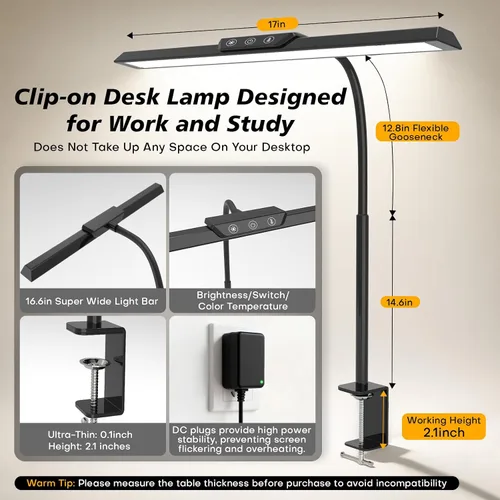 Miniatura 3 de Lámpara de escritorio LED para oficina y hogar, luz de escritorio de arquitecto con atenuación continua con adaptador de CC, lámpara de escritorio