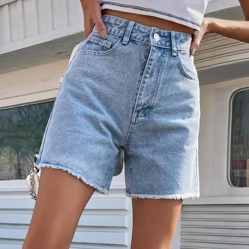 Miniatura 4 de Pantalones cortos de mezclilla rasgados de cintura alta para mujer, dobladillo deshilachado, medio muslo, pantalones cortos casuales con bolsillos
