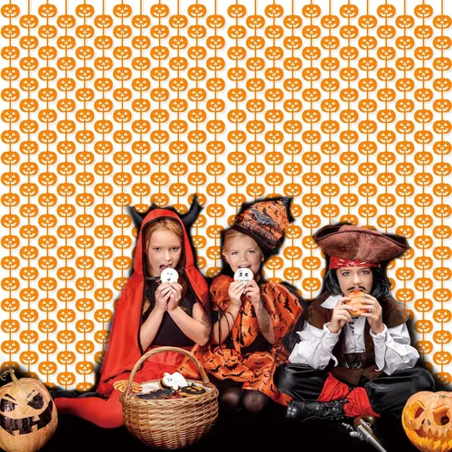 Miniatura 4 de Paquete de 2 cortinas de flecos metálicos de Halloween de 3.2 x 6.6 pies, cortinas de oropel en forma de calabaza naranja, accesorios para fotos