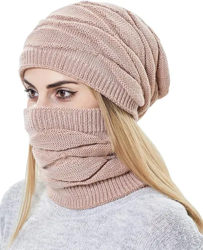 Miniatura 4 de Conjunto de gorro y bufanda para mujer para niñas, gorro de esquí de invierno de punto cálido con forro polar