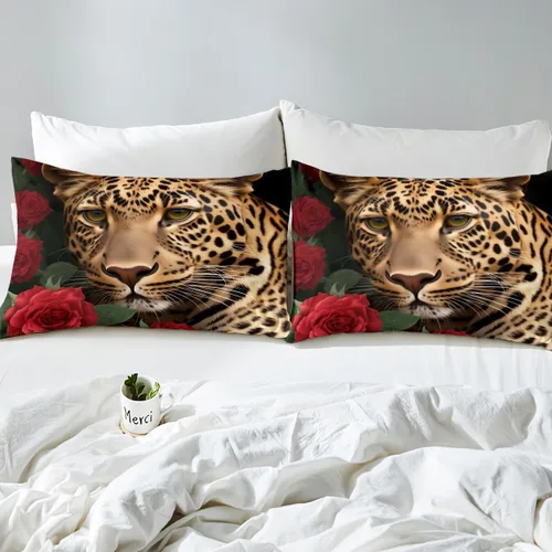 Miniatura 4 de Erosebridal Juego de sábanas bajeras de rosas rojas y leopardo, tamaño individual, diseño de animales africanos salvajes, diseño de plantas