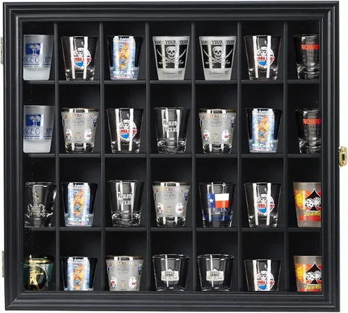 Miniatura 8 de Vitrina para Vasos de Chupito, Gabinete Grande de Madera, Soporte Montado en Pared, Caja de Sombra de Caoba con Cerradura y Protección UV, Puerta