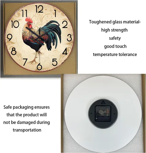 Miniatura 7 de XNM - Relojes de pared redondos rústicos para decoración de cocina y sala de 12 pulgadas, reloj de gallo de vidrio, funciona con pilas, marrón