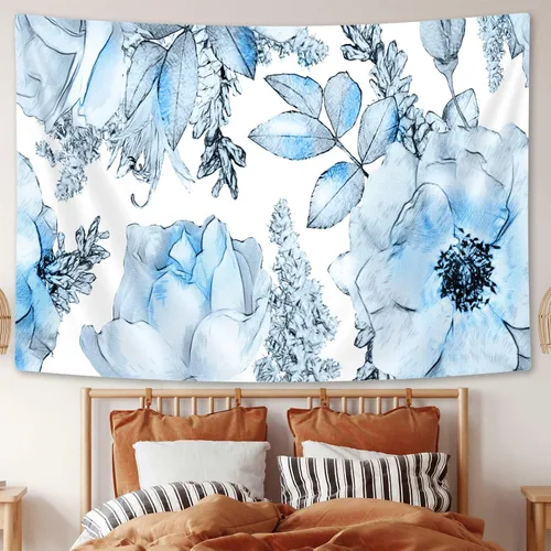 Miniatura 4 de SAOLUIS Tapiz floral, tapiz de flores azules, tapiz estético floral de acuarela, tapiz floral de poliéster, flores bohemias para colgar en la pared