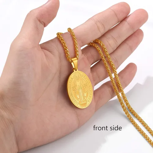 Miniatura 2 de PROSTEEL Collar con medalla de San Benito de acero inoxidable joyería de protección para hombres y mujeres chapado en oro real de 18 quilates