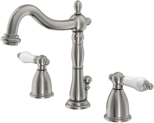 Kingston Brass KB1978PL Heritage - Grifo de lavabo generalizado con mango de palanca de porcelana, níquel cepillado cepillado níquel