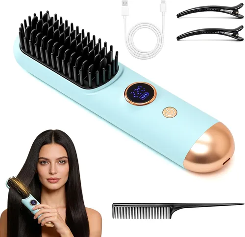 Cepillos alisadores portátiles para viajes, con pantalla LCD de temperatura, cepillo alisador de cabello inalámbrico mejorado 2026 para cabello