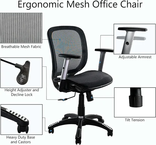 Miniatura 8 de Silla de oficina ergonómica, silla de oficina, soporte lumbar, silla de oficina de malla con respaldo medio con reposabrazos ajustables, silla