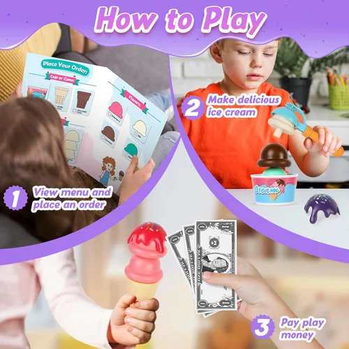 Miniatura 3 de Kasfalci Juguete de carrito de helados, juego de heladería para niños, tienda de comestibles, juguetes de comida de juego de simulación, carrito