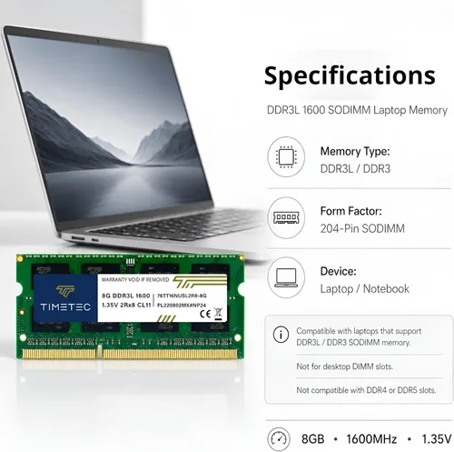 Miniatura 8 de Timetec Premium Kit de memoria Ram de 16 GB (2 x 8 GB) DDR3L/DDR3 1600 MHz PC3L-12800 no ECC sin búfer 1,35 V/1,5 V CL11 2 Rx8 doble rango 204 pines