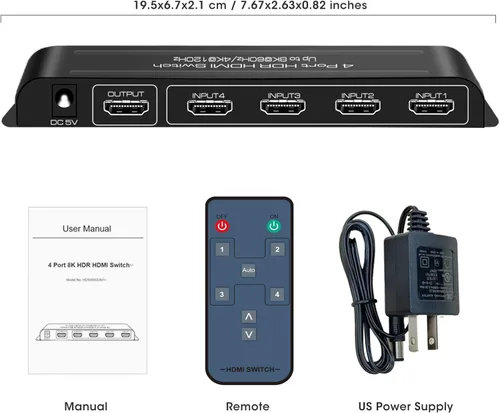 Miniatura 8 de ROOFULL Interruptor HDMI 2.1 de 8K con 4 puertos 4 en 1 salida 8K@60Hz 4K@120Hz Selector de interruptor HDMI con control remoto Soporte 48Gbps HDR
