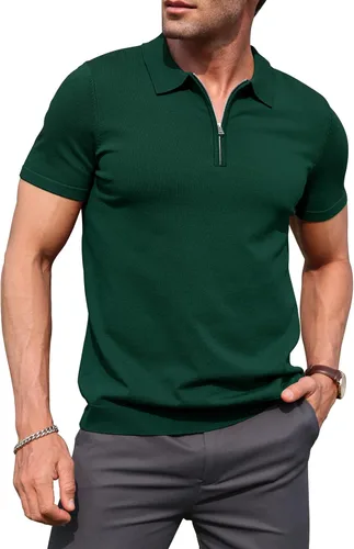 Miniatura 11 de RQP Camisas polo con cremallera para hombre, camisas casuales de punto de manga corta/larga, camisas de golf elásticas ajustadas, suéter suave