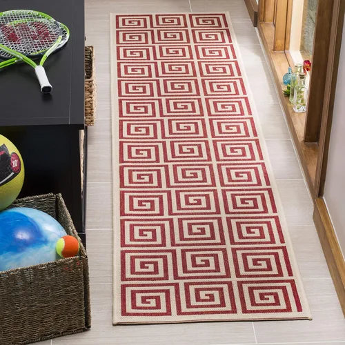 SAFAVIEH Linden Collection - Alfombra lavable para exteriores, alfombra de pasillo de 2.2 x 8 pies, color rojo y crema, no desprende pelusa y fácil