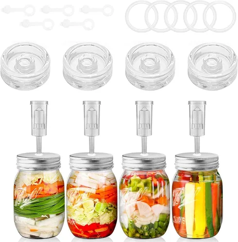 Kit de fermentación para tarro Mason de boca ancha con 4 pesos de fermentación de vidrio, 4 tapas de fermentación, 4 esclusas de aire, 5 anillos de