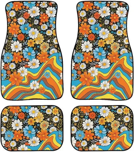 70S 80S Alfombra de suelo de automóvil con flores hippie y margaritas, 4 piezas, accesorio hippie para automóvil para mujeres, almohadilla de suelo