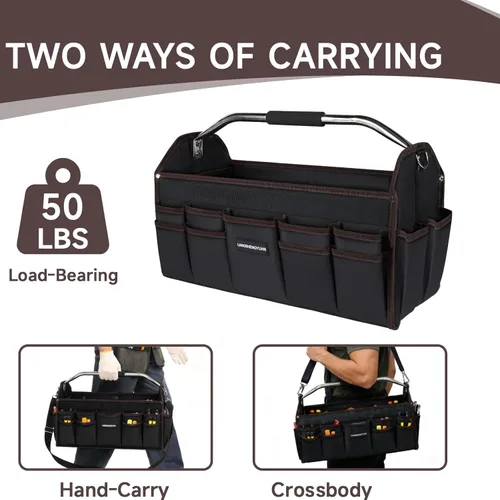 Miniatura 6 de Portaherramientas de 20 pulgadas, bolsa de herramientas con parte superior abierta, 30 bolsillos, bolsa de herramientas impermeable para hombres