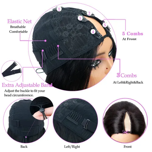 Miniatura 4 de Pelucas con camino en V ondulada de cabello humano virgen brasileño para mujeres negras; mejora de pelucas con camino en U, sin pegamento, con clip