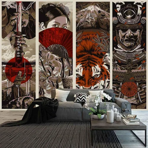 Miniatura 9 de Aidatain Tapiz de pared Samurai Maiko de estilo japonés para dormitorio, diseño de tigre y monte Fuji, manta de playa de franela de 40 x 30 pulgadas