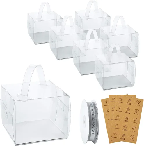 BURLIHOME 25 cajas transparentes para pasteles, cajas de panadería de 5 x 5 x 4 pulgadas con asa, cajas de recuerdo de fiesta ideales para pasteles