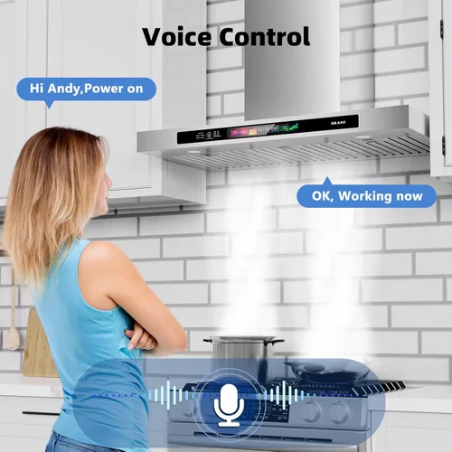 Miniatura 2 de BRANO Campana Extractora de Pared de 30 Pulgadas 900 CFM con Control por Voz/Gesto/Tacto, Campana Extractora de Cocina de Acero Inoxidable