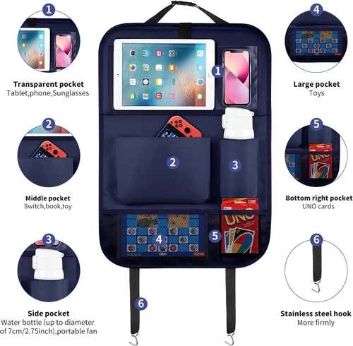 Miniatura 7 de LUCMO Organizador de asiento trasero de coche con soporte para tableta - 2 piezas, organizador de almacenamiento de coche con 6 bolsillos