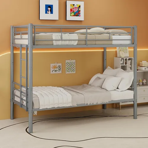 Miniatura 9 de GNIXUU Litera de metal individual sobre individual, literas modernas con escalera y barandilla de longitud completa, litera resistente