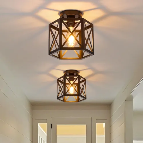 XSDeTu Paquete de 2 Luces de Techo Semiempotradas Estilo Granja, Accesorio de Luz Industrial Negra para Pasillo, Pequeña Jaula de Metal Pegada al