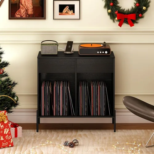 Miniatura 8 de Giantex Soporte grande para tocadiscos con estación de carga, soporte giratorio de madera de mediados de siglo con 2 cajones de almacenamiento