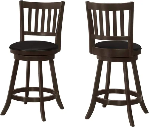 Monarch Specialties I 1237 Taburete de bar, juego de 2, giratorio, altura de mostrador, cocina, madera, aspecto de piel sintética, marrón, negro, de