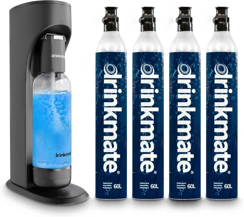 Drinkmate OmniFizz - Máquina de transmisión de agua con gas y soda, carbonata cualquier bebida, kit premium, incluye cuatro cartuchos de CO2 de 60 L