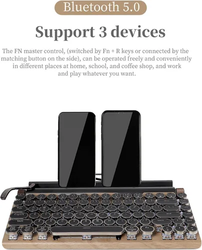 Miniatura 3 de GUAZI STORE Teclado mecánico de 83 teclas - Teclado inalámbrico con Bluetooth para juegos retro, interruptor azul anti-fantasma (madera)