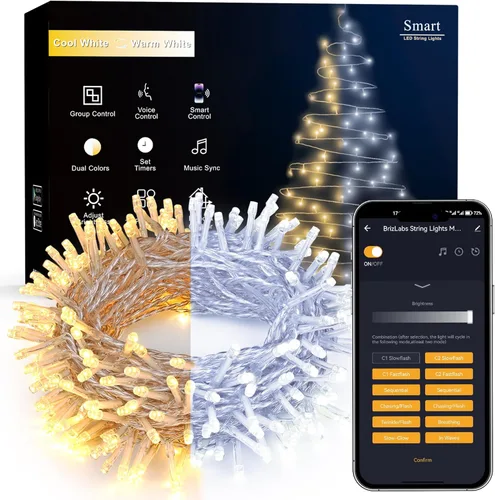 Miniatura 14 de Brizled Luces de Navidad que cambian de color, 65.67 pies, 200 luces LED de doble color para árbol de Navidad con control remoto, blanco frío