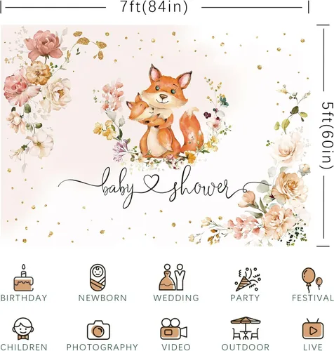 Miniatura 6 de Telón de fondo para baby shower de zorro para niñas, flores de fotografía con texto en inglés "It's a Girl", fondos de fotografía de animales