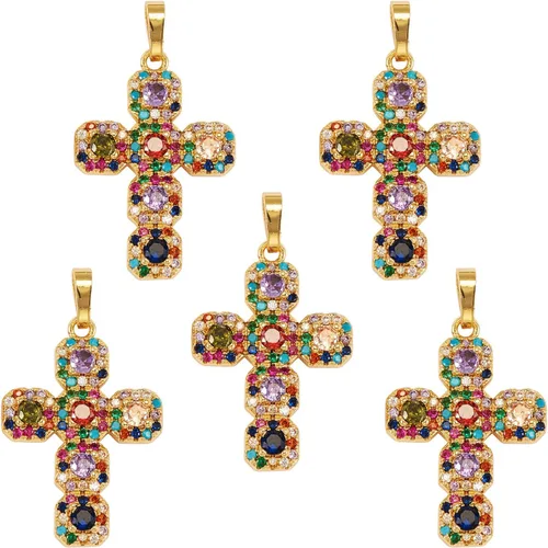 5 colgantes de cruz de circonita cúbica de latón, chapado en oro real de 16 quilates, para joyería, collares, pulseras, manualidades