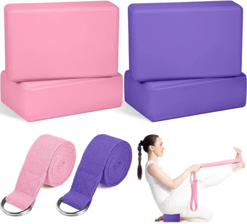 Jexine Juego de 6 piezas de bloques de yoga y correas, 4 piezas de 9 x 6 x 3 pulgadas, bloque de espuma EVA, 2 correas de algodón para yoga, para