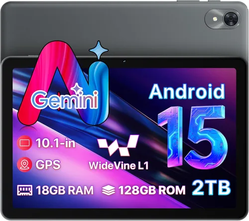 Tablet The World's First Android 15 con Gemini AI,10.1 pulgadas 18GB RAM 128GB ROM 2TB TF, velocidad hasta 2.0 GHZ, Widevine L1,5000mAh, radio FM,