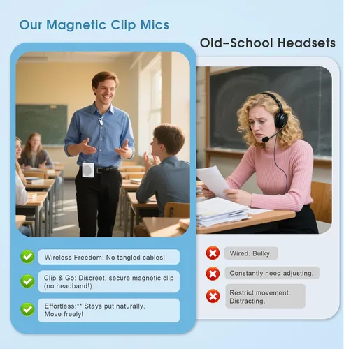 Miniatura 5 de Amplificador de voz inalámbrico de 15 W con 2 micrófonos magnéticos Lavalier y reducción de ruido, sistema Bluetooth 5.3 PA para profesores, guía