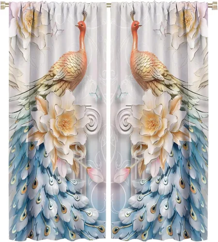 Miniatura 31 de Cortina opaca con estampado de pavo real, con estampado de animales retro, con bolsillo para cortinero y flores de peonía doradas, para dormitorio