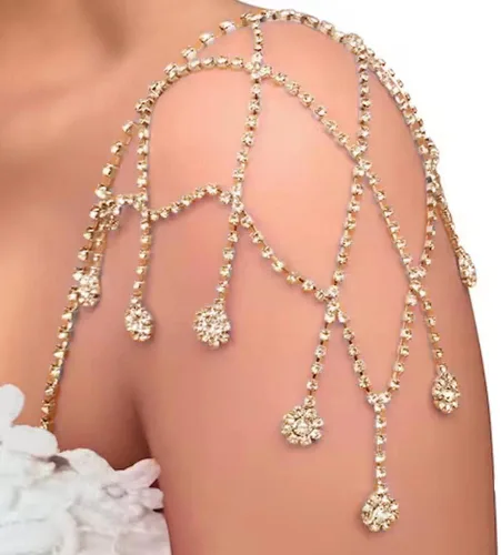 Xerling Sujetador sexy de hombro con diamantes de imitación, cadena de cuerpo, flecos, flecos, joyería corporal, cadena de brazo de boda, verano,