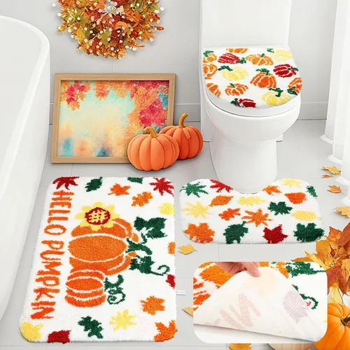 Miniatura 8 de Breling Juego de 3 piezas de alfombras de baño de Halloween, calabaza, antideslizante, lavable, alfombra de fantasmas, negra y púrpura, cubierta