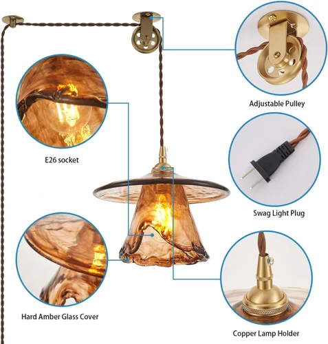 Miniatura 5 de YLONG-ZS Lámpara colgante de cristal vintage enchufable, moderna polea de latón dorado, luces colgantes de techo para isla de cocina, comedor, sala